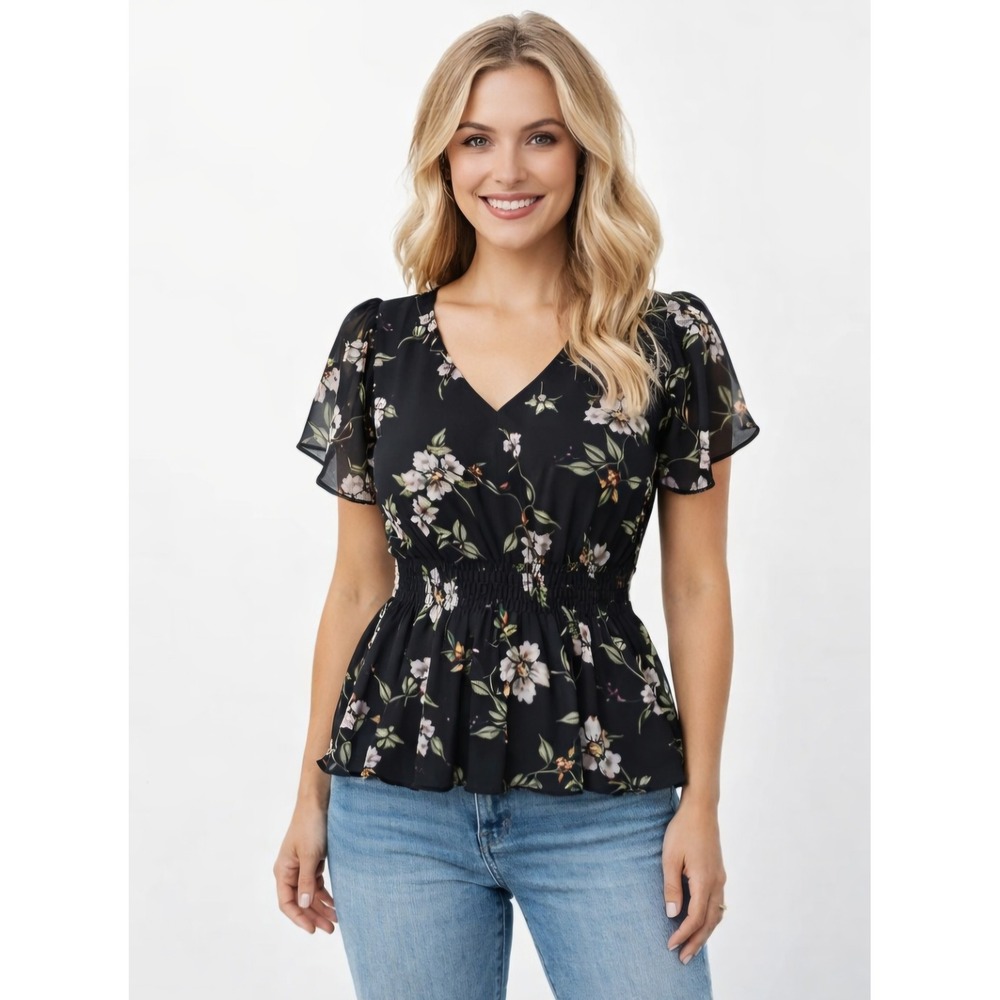 EMBER Floral Smocked Waist Blouse Size M‎ Black Sheer Peplum Top